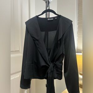 7TH AVENUE NYC Black Long Sleeve Side Wrap Dress Blouse Sz Large